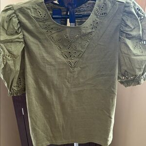 LOFT Olive Green Eyelet Puff Sleeve Blouse